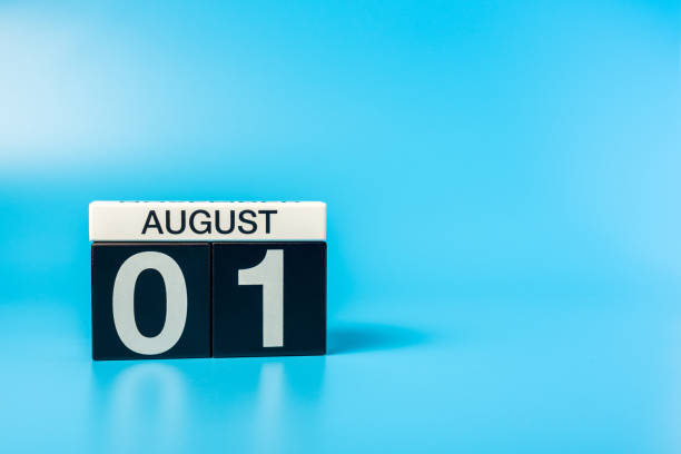 istock August 1st. Image of 1 august color calendar on blue background. Summer day. Empty space for text 1164987174