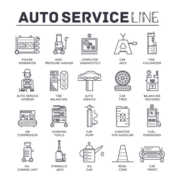 ilustrações de stock, clip art, desenhos animados e ícones de set of auto service thin line icons, pictograms. - gazoline