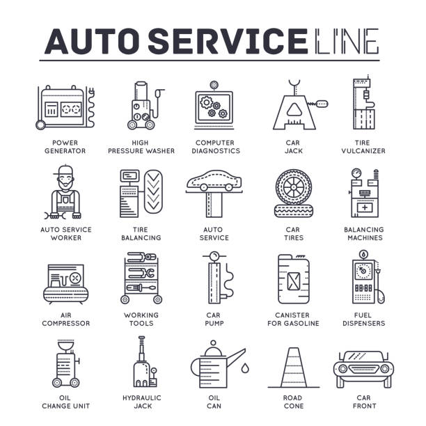 набор автомобильных сервисных иконок тонкой линии, пиктограмм. - gazoline stock illustrations