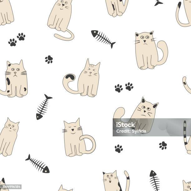 Fish Paw Pattern Seamless Pattern With Fish Bone Paw Track And Cute Cats With Different ...
