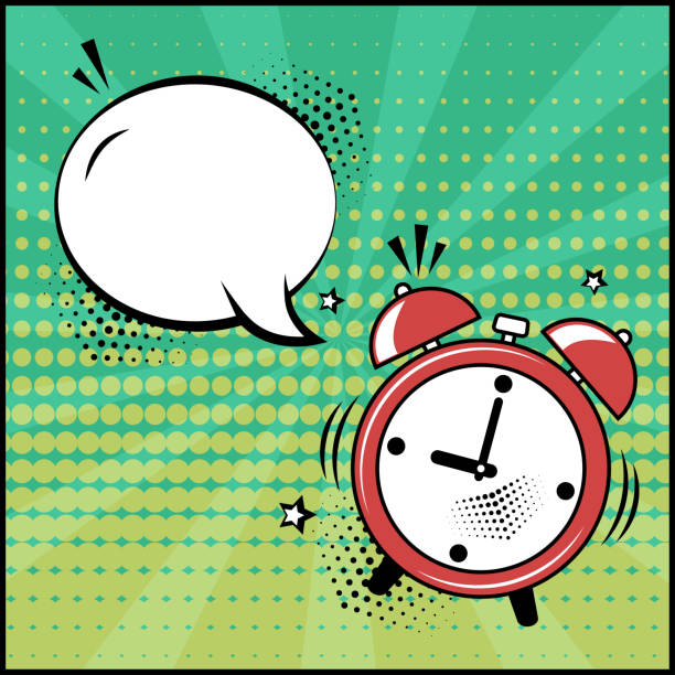 Empty white speech bubble and red alarm clock on green background. Comic sound effects in pop art style. Vector Empty white speech bubble and red alarm clock on green background. Comic sound effects in pop art style. Vector illustration clock borders stock illustrations