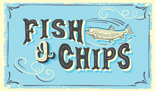 Cute hand lettered Fish N' Chips sign with fish and lot's of textures