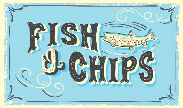 Vector illustration of Cute hand lettered Fish N' Chips sign with fish and lot's of textures