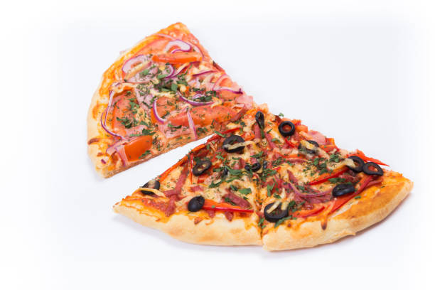 istock Pizza slice top view isolated on white background, with onions, bacon and cherry tomatoes, thin pastry crust, closeup. 1165003588
