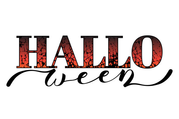 vector word Halloween divided into two parts: "Hallo" red with black cracks and craquelures, and "Ween" black in hand lettering style vector word Halloween divided into two parts: Hallo red with black cracks and craquelures, and Ween black in hand lettering style; design for Halloween holiday greeting card and invitation, flyers, posters, banner weben stock illustrations