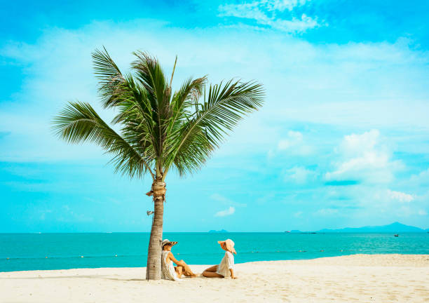 istock Cuople woman at tropical beach 1165005923