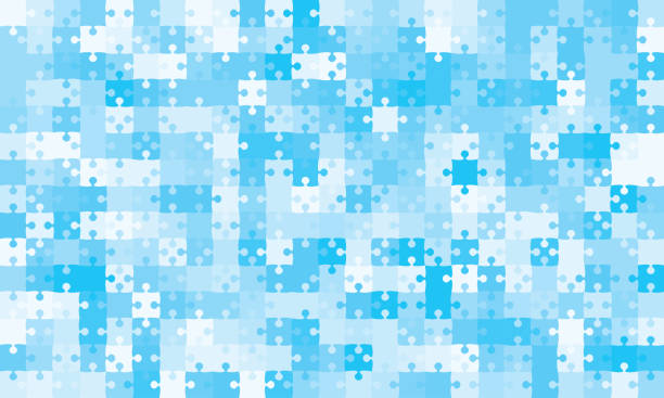 Background with jigsaw puzzle 375 blue pieces, details, items, parts. Puzzle background, banner, blank. Vector jigsaw section template. Background with puzzle 375 blue separate pieces, mosaic, details, tiles, parts. Rectangle outline abstract jigsaw. Game group detail. undivided highway stock illustrations