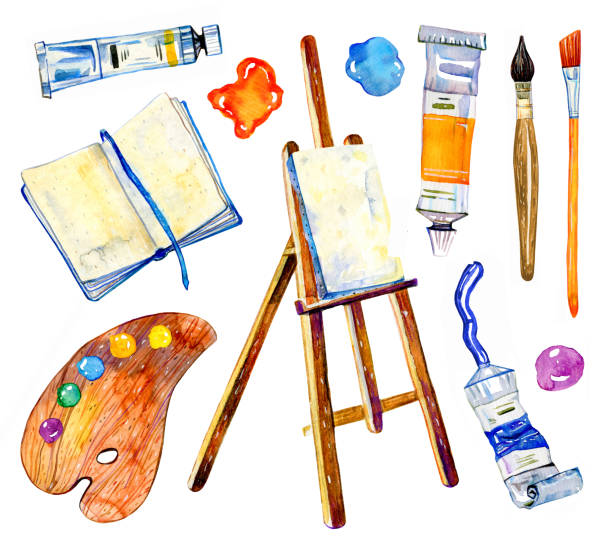 ilustraciones, imágenes clip art, dibujos animados e iconos de stock de materiales del artista - capelo, paleta, bloc de notas, pinceles y tubos. conjunto de ilustración de acuarela de boceto dibujado a mano - tube paint color image gouache