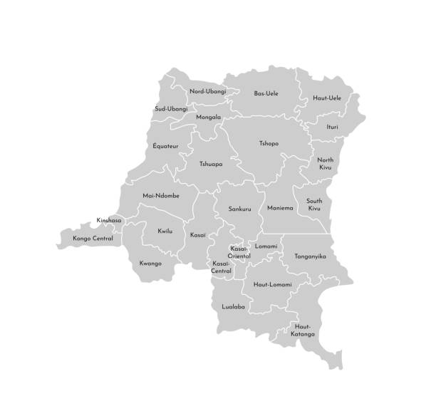 Vector isolated illustration of simplified administrative map of Democratic Republic of the Congo. Borders and names of the provinces (regions). Grey silhouettes. White outline Vector isolated illustration of simplified administrative map of Democratic Republic of the Congo. Borders and names of the provinces (regions). Grey silhouettes. White outline kinshasa stock illustrations