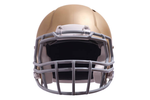 istock Modern gold football helmet front view isolated on white background 1165010141