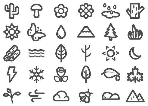 There is a set of icons about nature and related stuffs / animals in the style of Clip art.