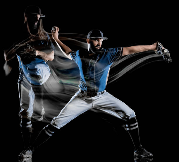 baseball player man isolated black background light painting