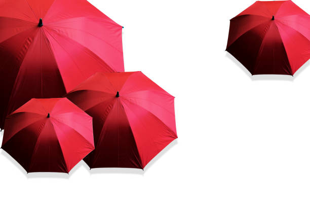 Vibrant red umbrella glistening with raindrops under bright sunlight creates striking contrast between wet and dry, highlighting texture and evoking a sense of protection
