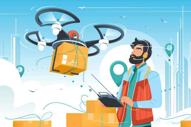 Young handsome man with beard controls drone delivery Young handsome man with beard controls drone delivery with wireless remote. Concept male employee character distributing boxes using modern technology device. Vector illustration. drone stock illustrations