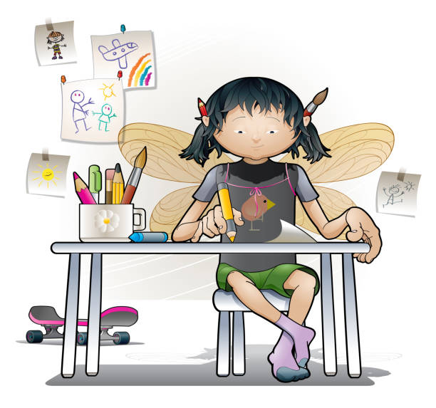Little artist Little artist girl doing sketches on his table. craft activities for preschoolers stock illustrations
