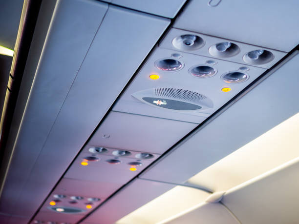 istock Control panel overhead and icons in economy class cabin in airplane for adjust air conditioning and lights. 1165025832