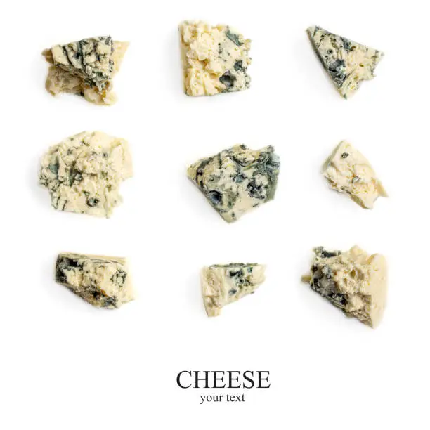 Creative layout made of Blue cheese. Gorgonzola cheese isolated on a white background. Food concept, close up. Flat lay