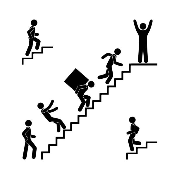 ilustraciones, imágenes clip art, dibujos animados e iconos de stock de hombre sube las escaleras, pictograma de figura de palo, ilustración de la gente, cayendo de una escalera, llevando carga, subir y bajar escaleras - falling ladder physical injury accident