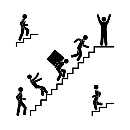 man walks up the stairs, stick figure pictogram, human silhouette, illustration of people, falling from a ladder, carrying cargo, up and down stairs