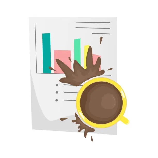 Vector illustration of Spilled coffee on an important paper document. unpleasant incident