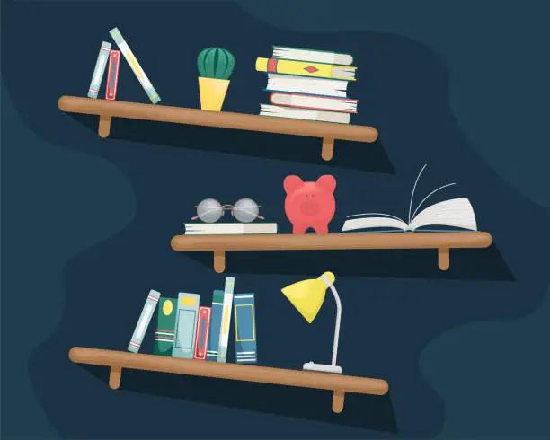 Vector illustration of Wall shelves with books, cactus, piggy Bank, table lamp and glas