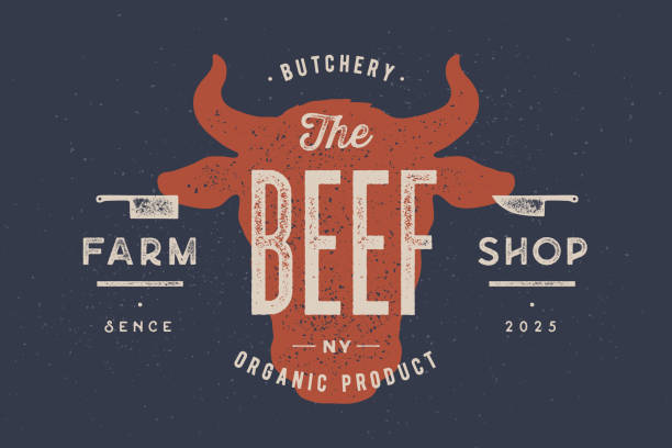 ilustraciones, imágenes clip art, dibujos animados e iconos de stock de carne de res, vaca, toro. tipografía vintage, letras, impresión retro - steak meat barbecue vector