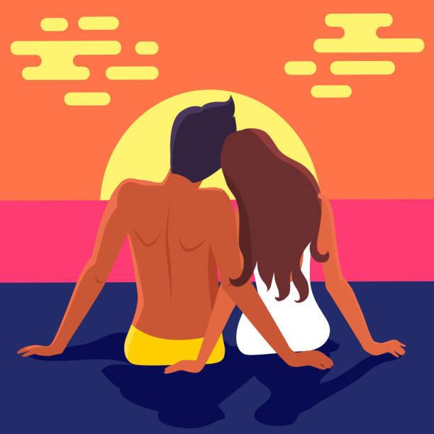 istock Couple Sits on Beach and Looks at Blue Deep Ocean 1165033325