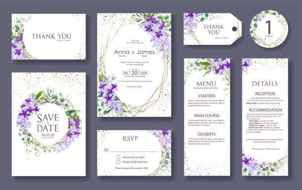 Set of wedding Invitation card, save the date, thank you, rsvp template. Wreath , Petrea volubilis flower. Set of wedding Invitation card, save the date, thank you, rsvp template. Vector. Purple Wreath , Petrea volubilis flower. thank-you-gold-greeting-card stock illustrations