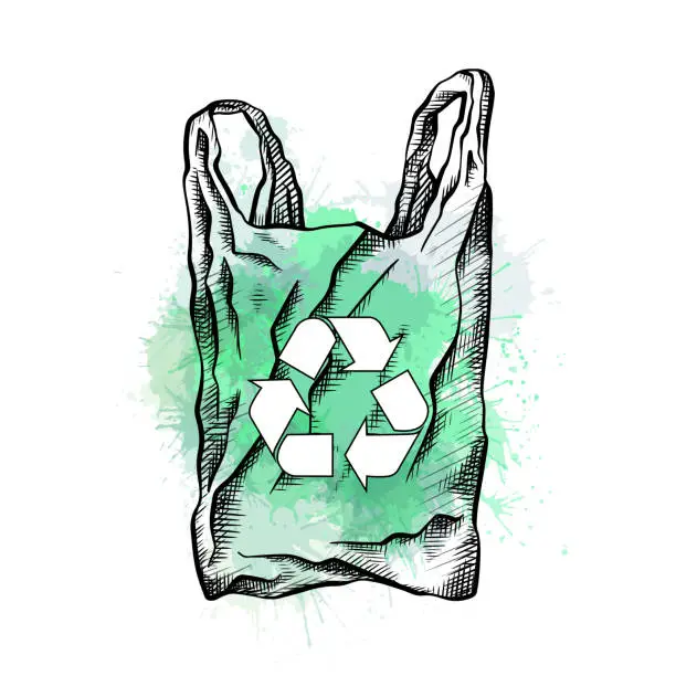 Vector illustration of Bag with hatching, recycling sign and green watercolor splashes. Eco friendly bag zero waste. Recycled waste. Ecological problem. Vector drawing