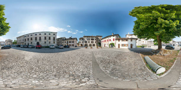 Valvasone, Friuli Venezia Giulia region,  Italy. July 29, 2019.   360 degree spherical panoramic view of the castle square