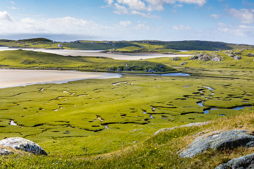 aerial view with an meander river on bay of Uig, isle of lewis, outer Hebrides, Scotland