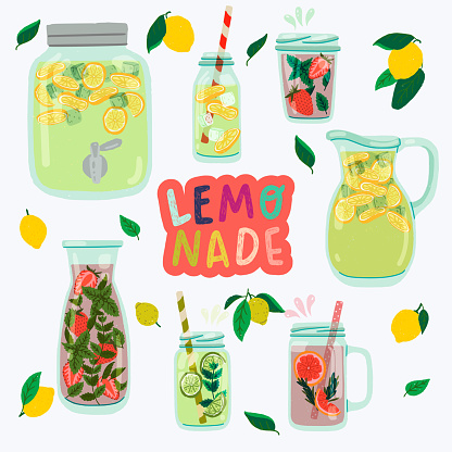 Lemonade series with flat style mason jars. Hand drawn glasses with natural cooling drinks made of lemons, grapefruits, strawberry, limes, mint leaves, rosemary, infused water and ice cubes. Vector