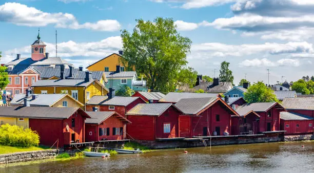 This pic shows old Old town of Porvoo with its colorful wooden houses and the river. The pic is taken in day time and in July 2019 in porvoo finland.