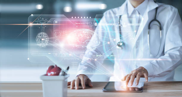 istock Doctor, surgeon Diagnose checking and analyzing patient brain testing result and human anatomy on technology digital futuristic virtual interface, dna, holographic, innovative in science and surgery. 1165046680