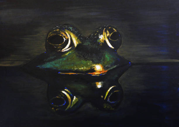 istock Frog half in the water with reflection of the animal below (oil painting) 1165048149