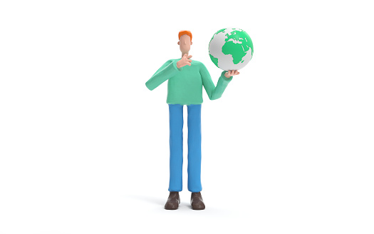 A man standing with a globe. global business or ecology concept.  3d rendering,conceptual image.