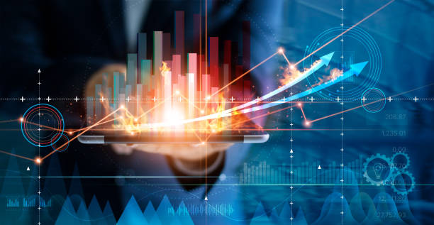 gorący rozwój biznesu. biznesmen za pomocą tabletu analizującego dane sprzedażowe i wykres wzrostu gospodarczego. strategia biznesowa, finansowa i bankowa. marketing cyfrowy. - chart business finance graph zdjęcia i obrazy z banku zdjęć