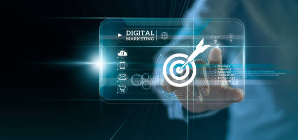 istock Digital marketing. Businessman touching start button on modern interface to business target and icon customer network connection on virtual screen. Business innovation technology concept. 1165051918