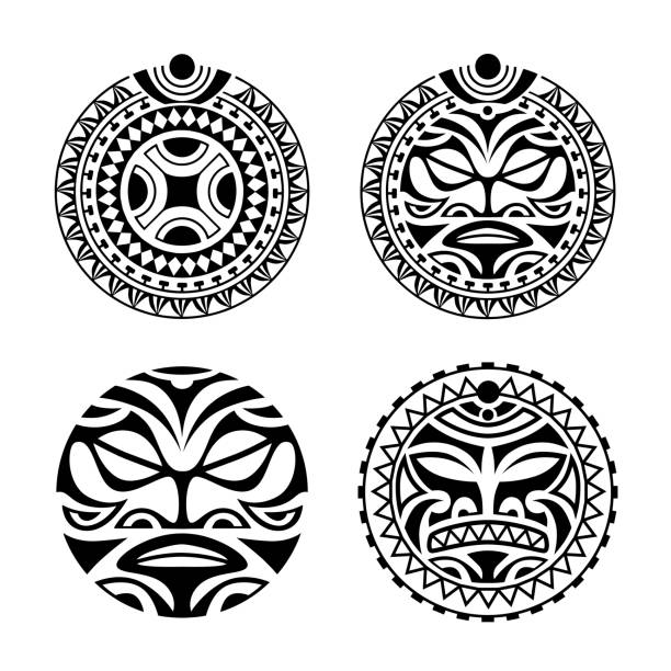 zestaw okrągłych ornament tatuaż styl maoryski - swastyka hinduska stock illustrations