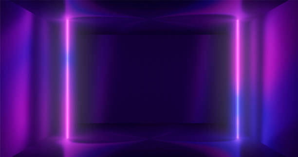 istock 3d rendering. Geometric figure in neon light against a dark tunnel. Laser line glow. Neon backgrounds 1165053548