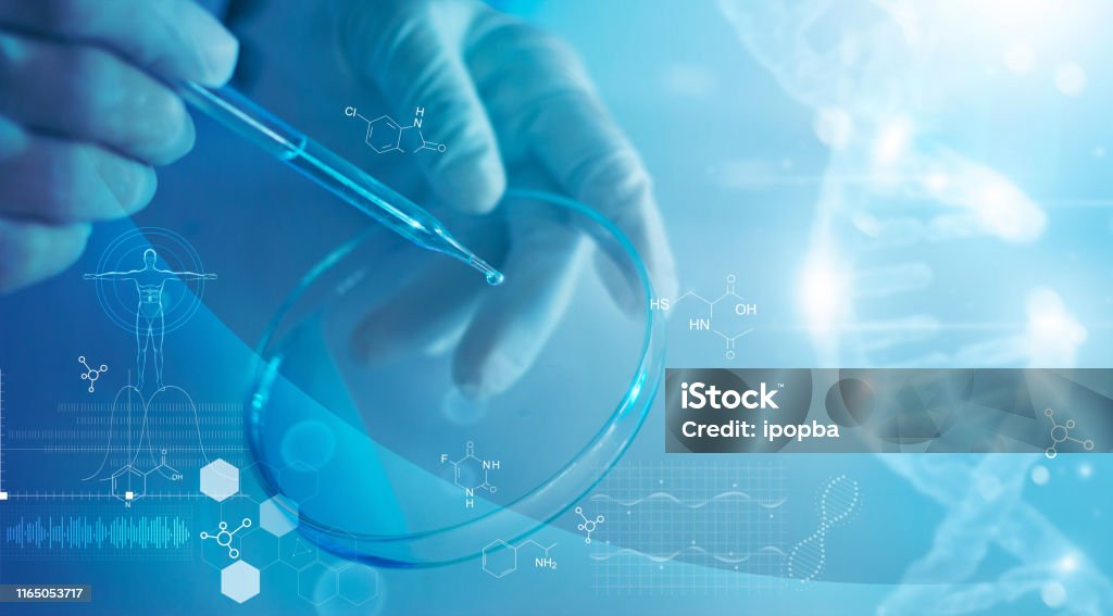 Science and medicine, scientist analyzing and dropping a sample into a glassware, experiments containing chemical liquid in laboratory on glassware, DNA structure, innovative and technology. Laboratory Stock Photo