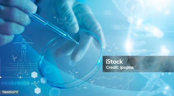 Science And Medicine Scientist Analyzing And Dropping A Sample Into A Glassware Experiments Containing Chemical Liquid In Laboratory On Glassware Dna Structure Innovative And Technology Stock Photo - Download Image Now