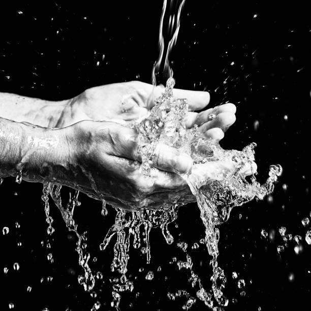 istock Black-and-white close-up of hands being washed under running water 1165053946