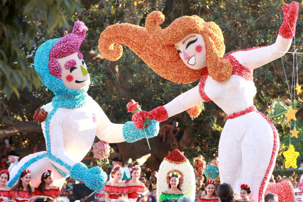 Valencia Spain - July 28 2019: Battle of Flowers (Batalla de Flores) street parade whereby showing and throwing of flowers