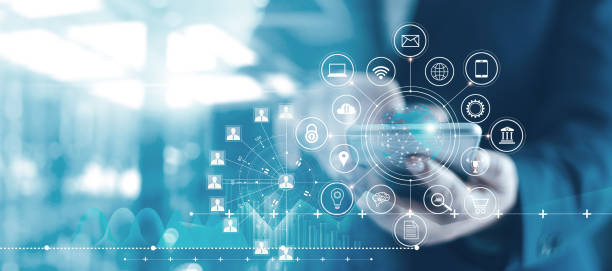 Mobile banking network, online payment, digital marketing. Business people using mobile phone with credit card and icon network connection on dark blue virtual screen background, business technology.