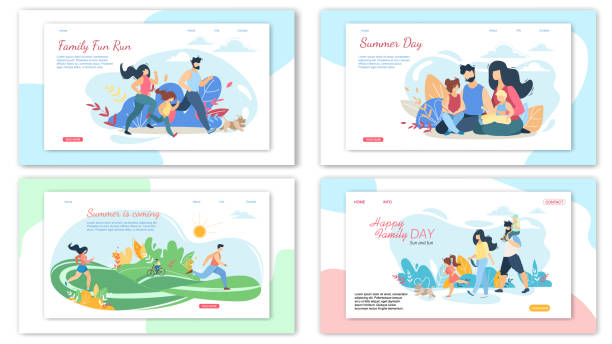 ilustraciones, imágenes clip art, dibujos animados e iconos de stock de happy loving family summer activities banner set - family sport exercising jogging