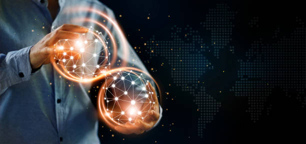 istock Man and abstract global networking connection in hands. Technology and internet communication. Data exchange. 1165058071