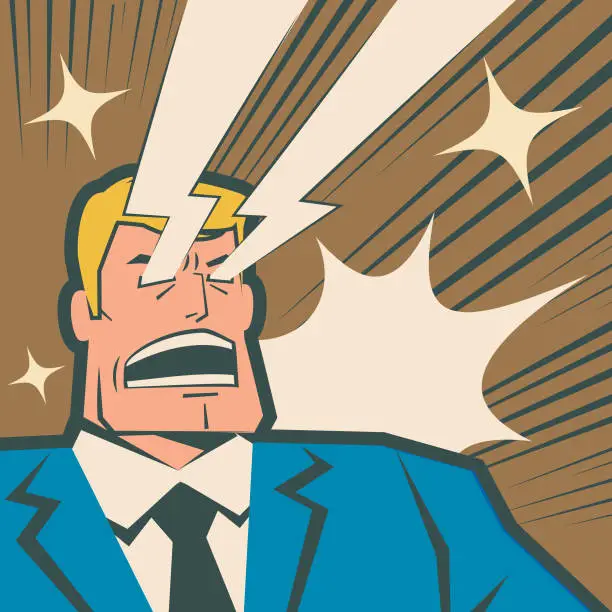 Vector illustration of Retro macho businessman shouting and shooting laser beams from his eyes