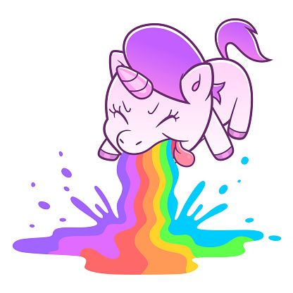 Crazy illustration of unicorn retching rainbow. Cute unicorn series.