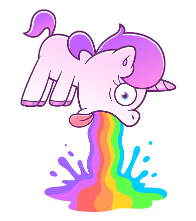 Pink funny unicorn pukes liquid rainbow. Cute unicorn series.